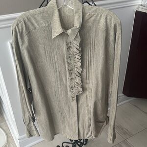 Elegant teal green embroidered front blouse Shirt with Ruffle Détail.